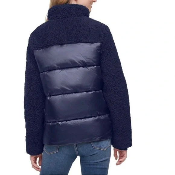 Women’s TOMMY HILFIGER Mixed Media Navy Blue Sherpa Puffer Jacket Coat - Picture 3 of 10